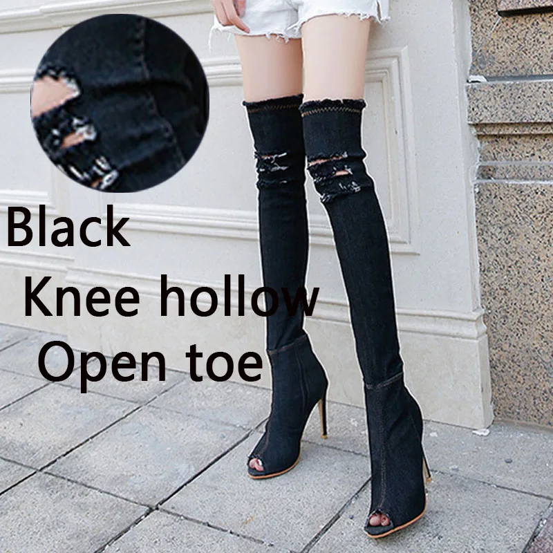 Сапоги aphixta, женские джинсовые сапоги выше колена, сапоги на высоком каблуке-шпильке 10 см, на молнии, острый носок, открытый носок, обувь для девушек размера плюс 42 - Цвет: Black (Open toe)