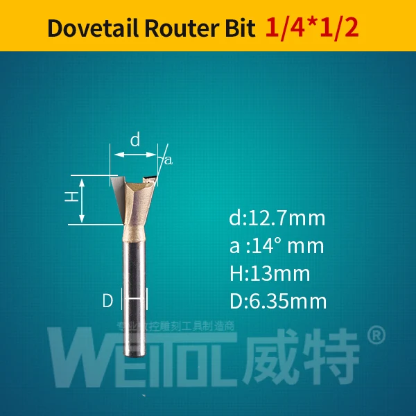 Weitol 1 шт. 1/2 или 1/4 дюймов ласточкин хвост бит резец древесины фрезерный станок с ЧПУ деревообрабатывающий фрезерный станок бит резной инструмент - Длина режущей кромки: 1412