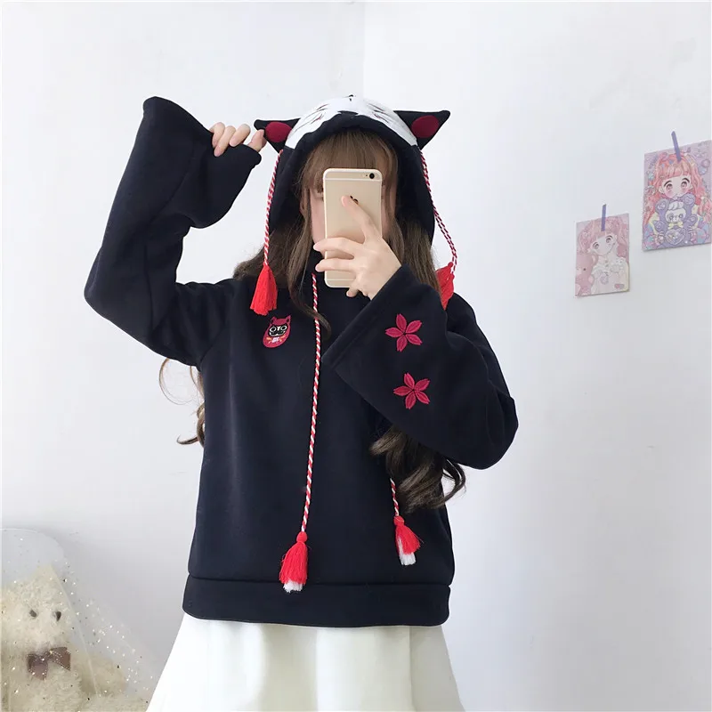 Japanese New Kawaii Embroidery Anime Women Hoodies Mori Girl Tassel Lazy Plus Velvet Long Sleeves Casual Sweet Hoodie Sweatshirt