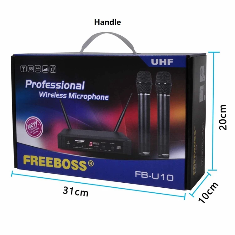 Freeboss FB-U10 Dual Way Karaoke Meeting Church School Sing 2 Metal Handhelds UHF Wireless Microphone