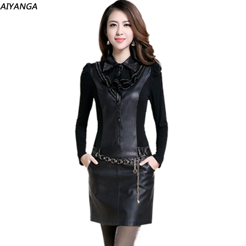 

High Quality PU Dress for women 2018 Women's Autumn Winter Long-Sleeve Casual Plus Size Sexy Patchwork Party Dresses Female