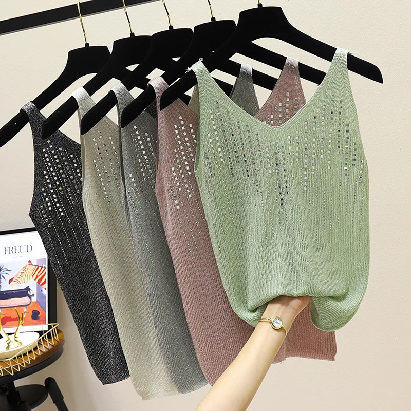 

2019 Women Sexy Top Korean Style Version Of The New Hot Drill Rright Silk Knit Primer Slim Vest Tank Top