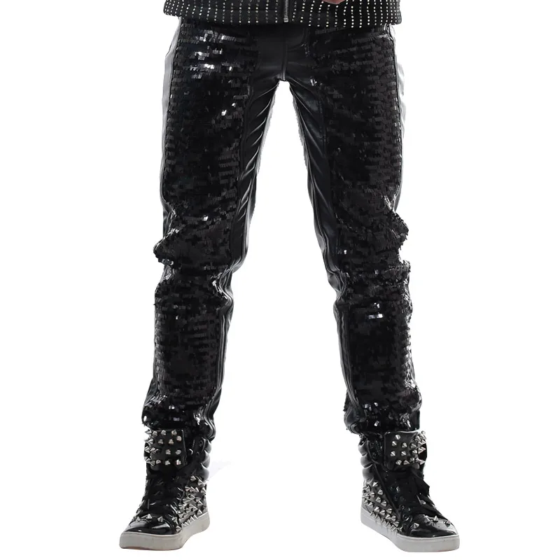 Черный, серебристый цвет пайетки Штаны из искусственной кожи в стиле панк Рок магия хип-хоп Длинные Штаны Для мужчин певица Ночной клуб