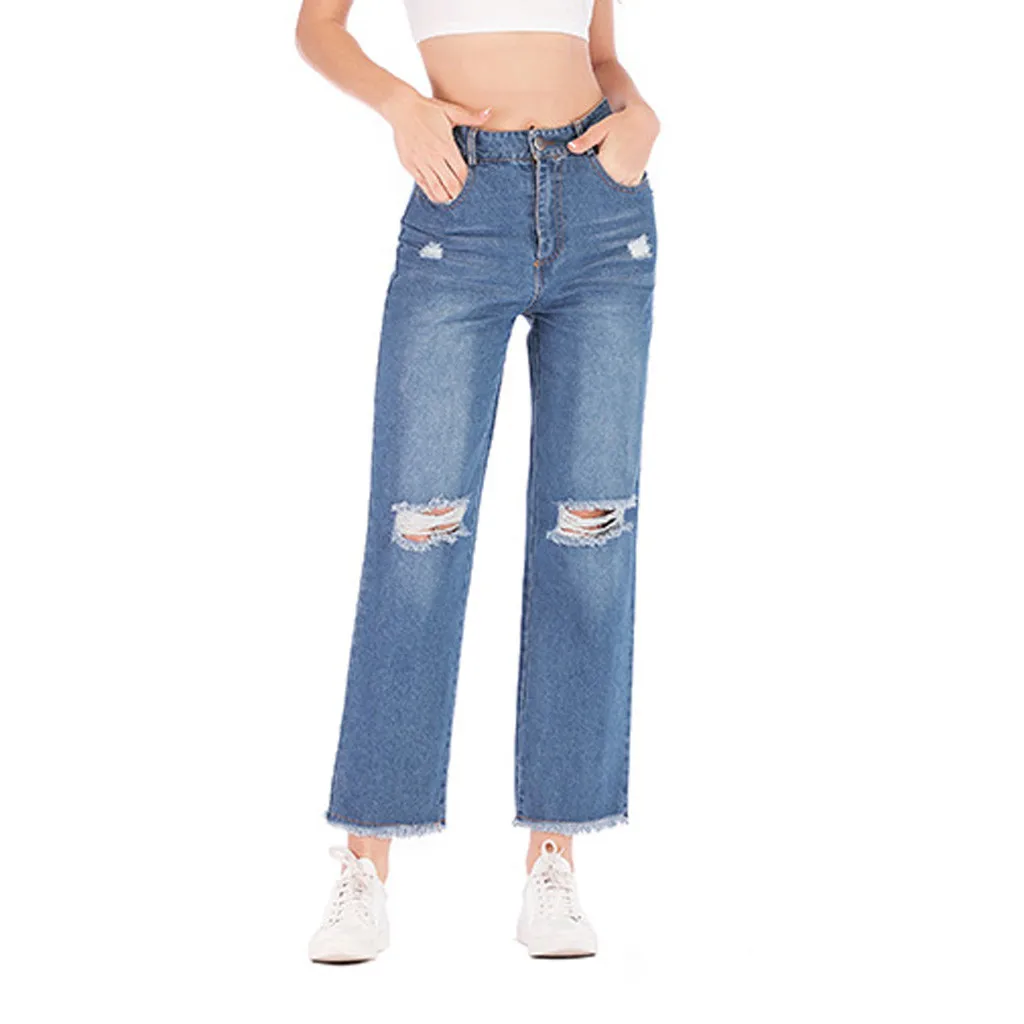 

Hot 2019 New Women's Pure Color Hole No Bomb Cultivate Oneself Nine-cent Solid Jeans High Quality Hot Sell