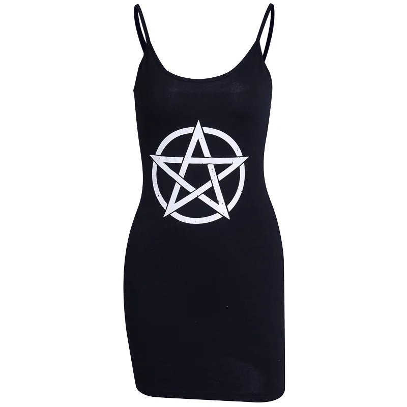 RAISEVERN Sexy Mini Dress Women Summer Gothic Darkness Pentagram Printed Punk Girl Streetwear Club Straps Bodycon Short Dresses