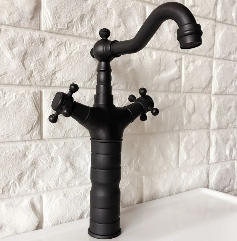Black Oil Rubbed Brass Dual Cross Handles One Hole Bathroom Kitchen Basin Sink Faucet Mixer Tap Swivel Spout Deck Mounted mnf347
