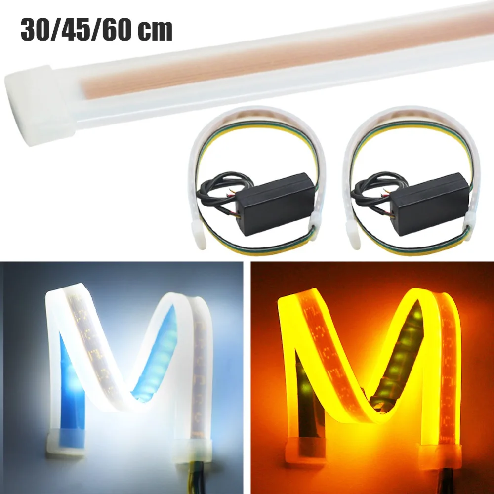 Kopen 2X30 45 60 cm LED Strip Flexibele Light Auto Zachte Buis DRL Strips Motorfiets Auto Daytime running Light Koplamp Decoratie Lamp