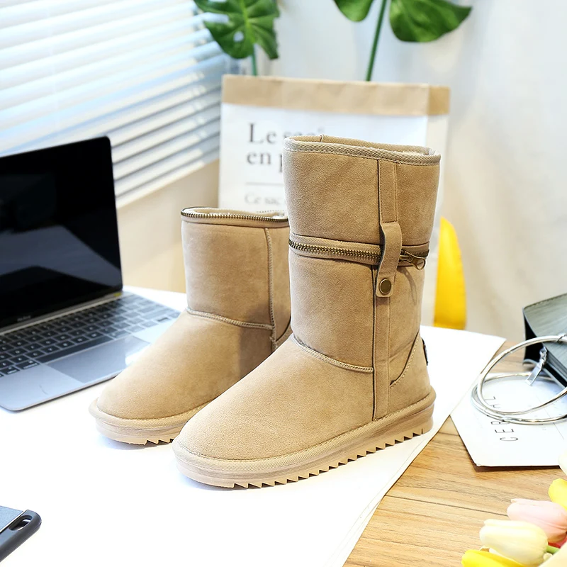 

Zhexi New Snow Boots Women Flat Slip-On Mid-Calf Boots Winter Solid Warm Plush Comfortable Anti-Skidding Emu Boots