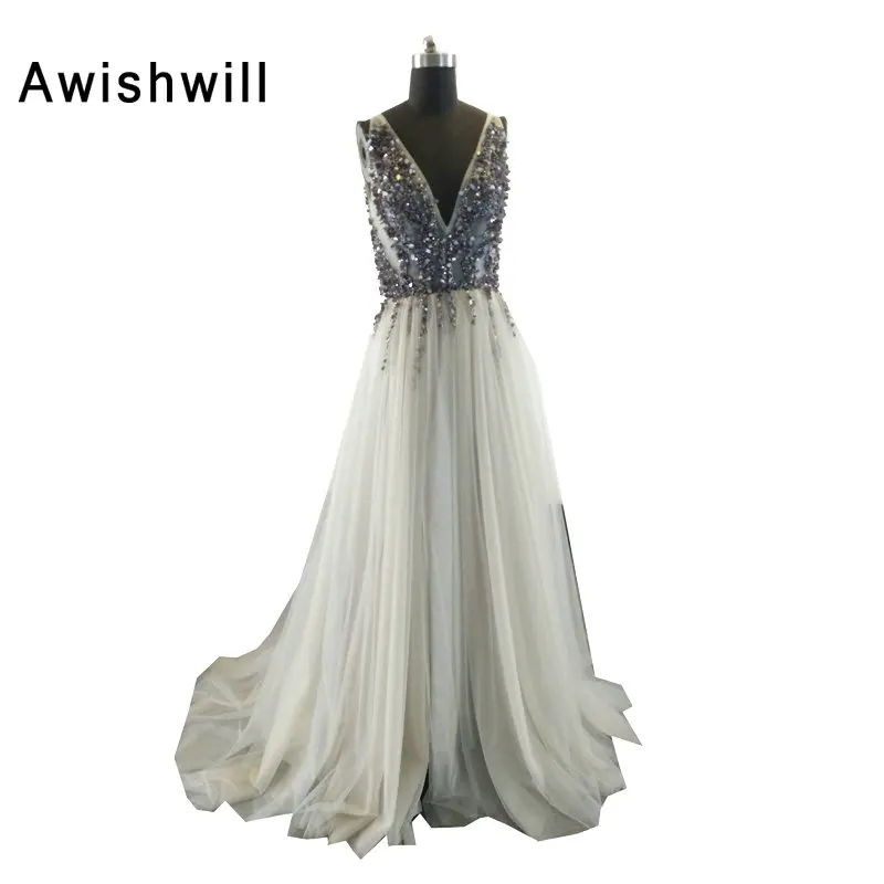 

Sexy Vestidos De Festa Longo Backless Deep V Neck Sequins Beads Tulle A-line Full Length Women Evening Gowns Long Party Dress
