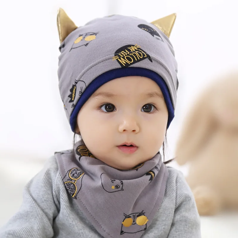 2 Pcs Cute Kitty Boys Girls Winter Hat Scarf Set Cotton Infant Baby