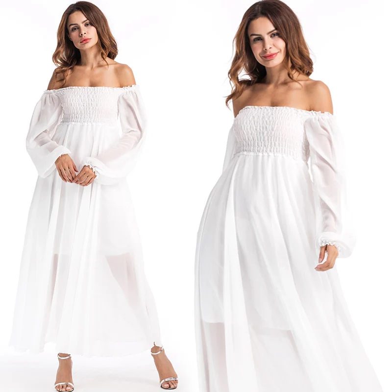 New Arrival Fashion women's Summer dress Slash neck elastic bust white chiffon dress casual bohemian long dress long-white-lace-dress