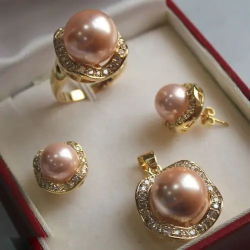 

10mm &14mm Light Pink South sea Shell Pearl Earrings Ring Necklace Pendant Set1 5.23 5.23