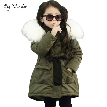 

Brand Girls Jackets Kids Faux Fur Collar Coat Korean Children Winter Outwear 3-11 years old Army Green Thick Warm Coat W1