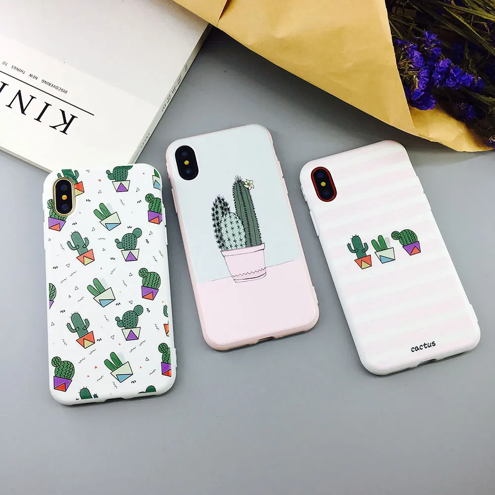 

For iPhoneX Protective Case Soft Silicone TPU Cute Cartoon Green Cactus Pattern Back Cover Phone Case For iPhone X Cases Coque