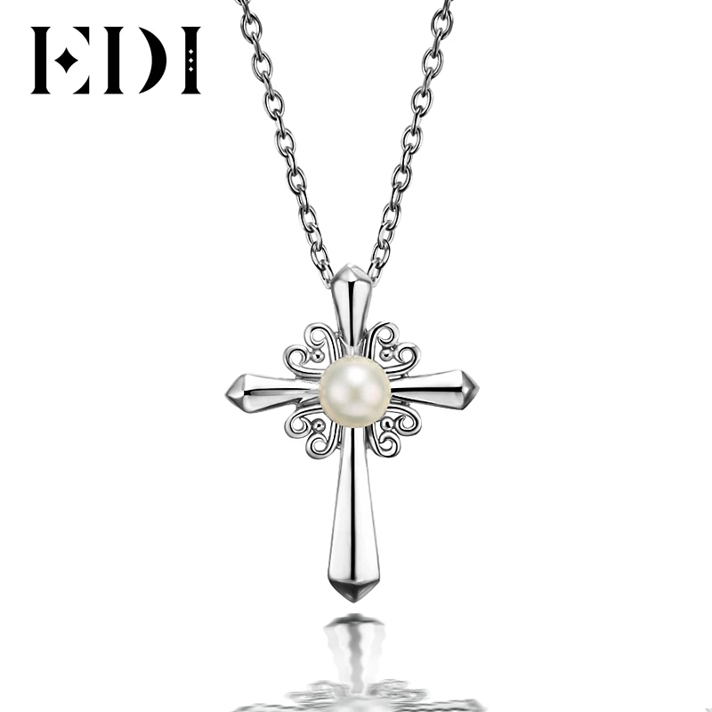 

EDI Romantic Cross 5mm Natural Freshwater Pearl Heart Pendants 925 Sterling Silver Necklace Chain For Women Fine Jewelry