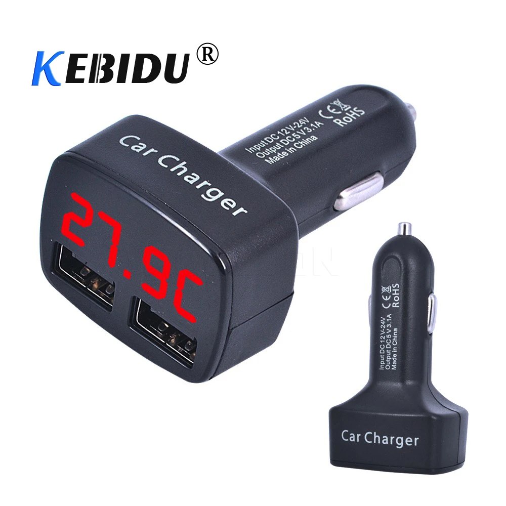 

kebidu 2016 Universal 4 in 1 Car Dual USB 2 Port Charger DC 5V 3.1A Digital Red LED Display Temperature/Current/Voltage