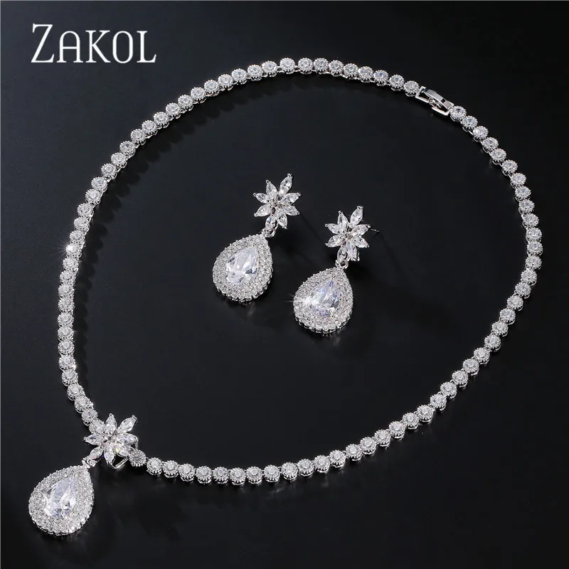 ZAKOL Luxury Flower Bridal Wedding Jewelry Set Fashion Sliver Color Water Drop Cubic Zirconia Women Jewelry Sets FSSP108 ZAKOL Luxury Flower Bridal Wedding Jewelry Set Fashion Sliver Color Water Drop Cubic Zirconia Women Jewelry Sets FSSP108