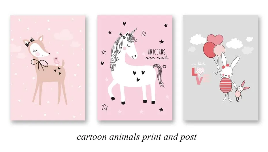 Deer Unicorn Rabbit Wall Art Pink Tones Cartoon Posters&Prints Canvas Painting Nursery Home Decor For Girls Room Christmas Gift  (1)