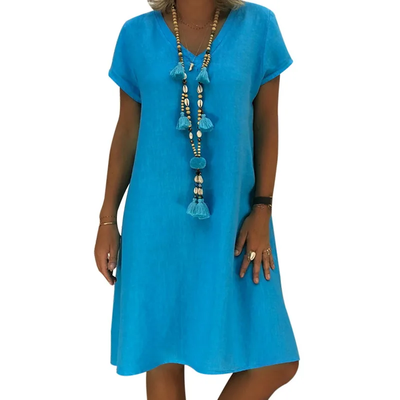 

2018 New Fashion Blue V Neck Loose Beach Tunic Dress Women Boho Mini Dress Holiday Cotton Shirt Dresses Femme Vestidos Clothes