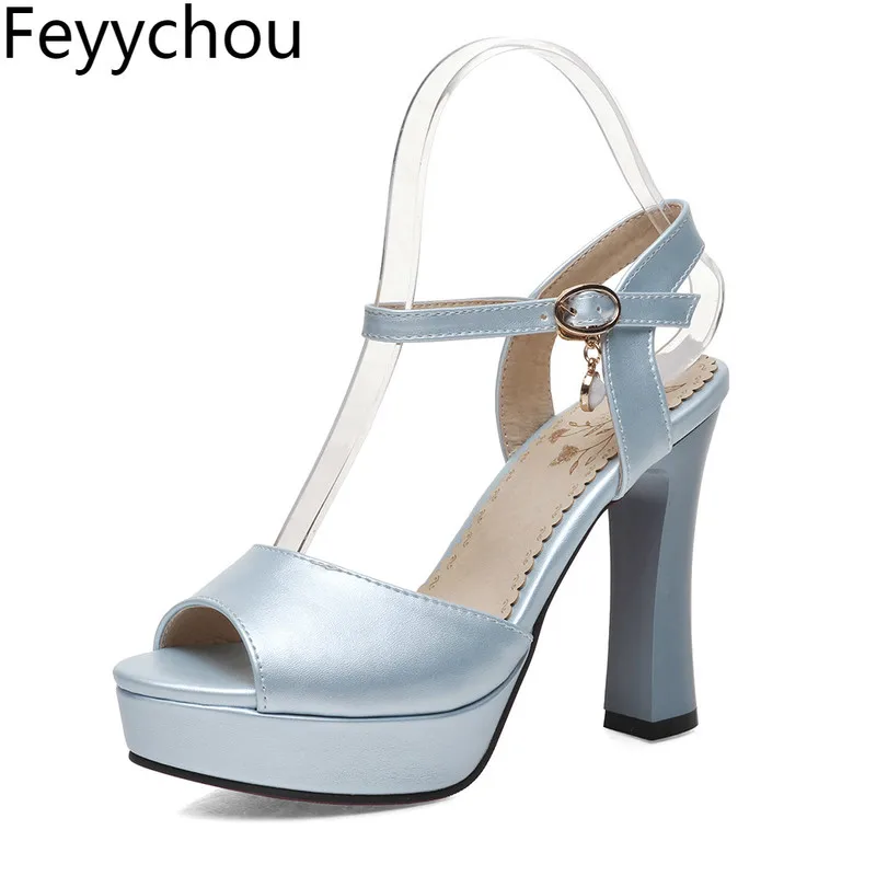 

Women's Sandals Super High Heel Buckle Peep Toe Thick Heel Platform 2019 New Sexy Fashion Sweet Party White Pink Big Size 34-42