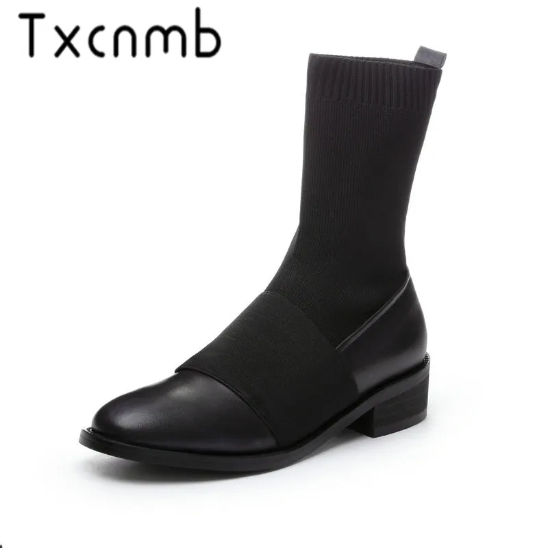 

TXCNMB Women Genuine Leather Boots Mid-calf Boots Fashion Chelsea Square Heels Ladies Booties Autumn 2019 Ladies Shoes