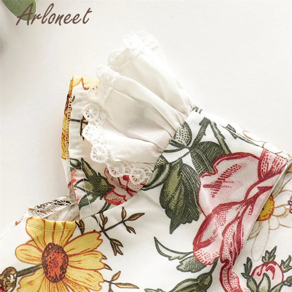 Одежда arloneet; платье с цветочным рисунком для маленьких девочек; хлопковое Повседневное платье; длина до колена; повязка на голову с цветочным узором; Детские платья для девочек для свадебной вечеринки