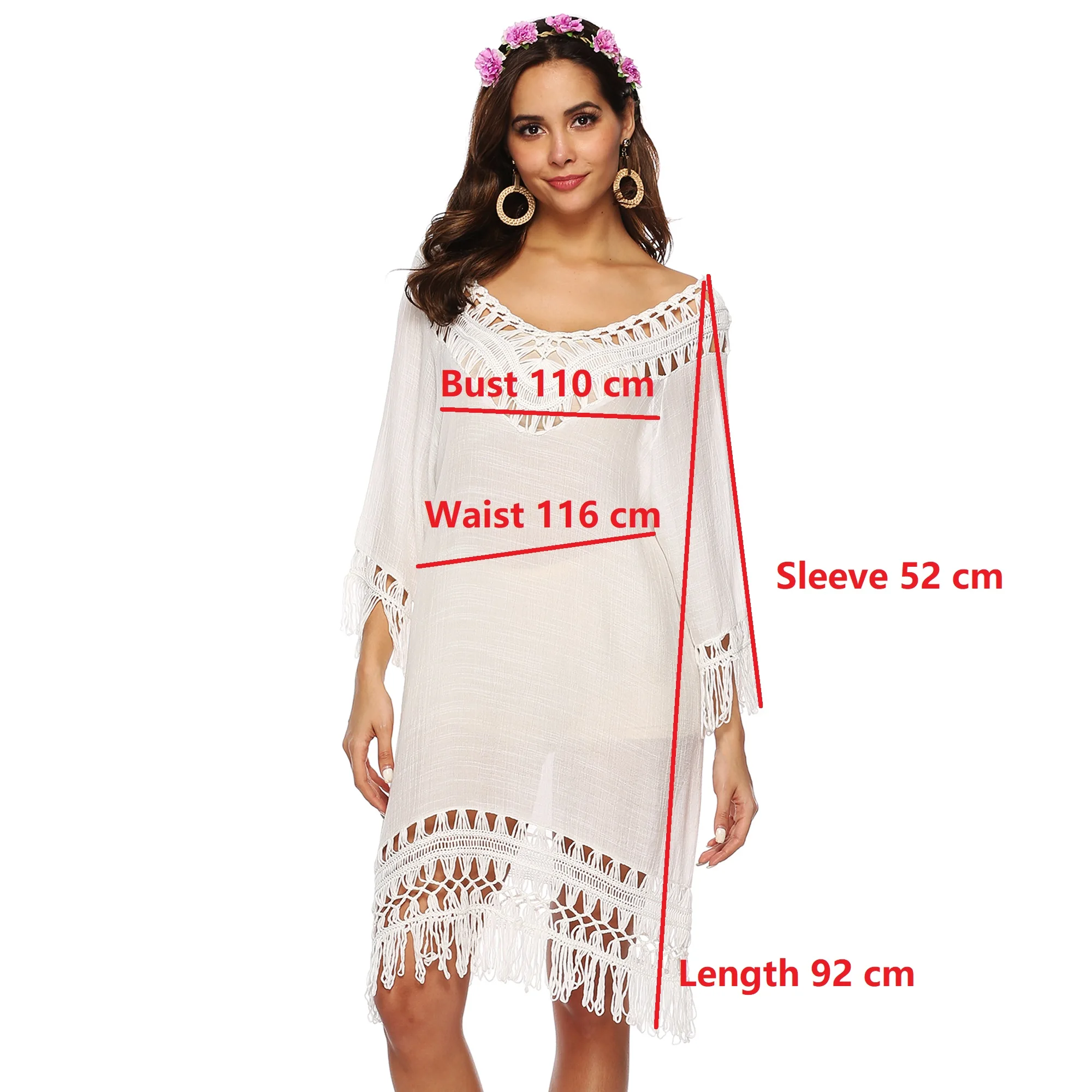 Günstige Quaste Strand Kleid V Neck Weiß Cover Up Badeanzug Bikini Tunika Ups Frauen Kleider Badeanzug 2019 Sommer Bademode Kurz hülse