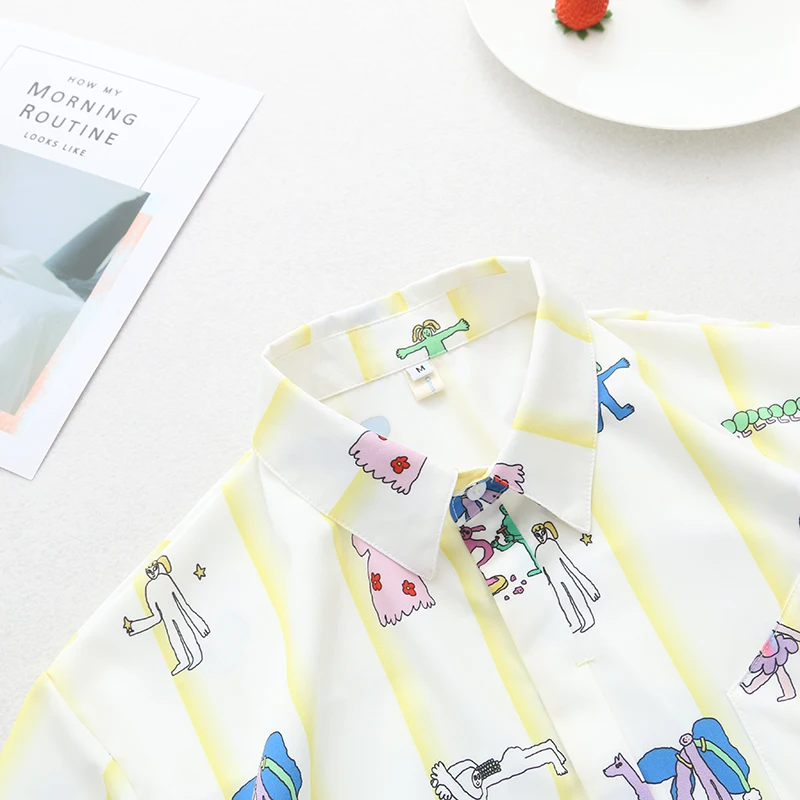 Harajuku, дизайн, летняя женская блузка, короткий рукав, мультяшный принт, желтая полоса, женская Свободная рубашка, топы, Прямая поставка