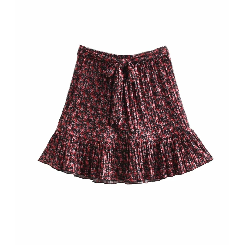 

Women sweet floral print vestidos pleated skirt faldas mujer ladies elastic waist agaric lace bow tied sashes mini skirts QUN285