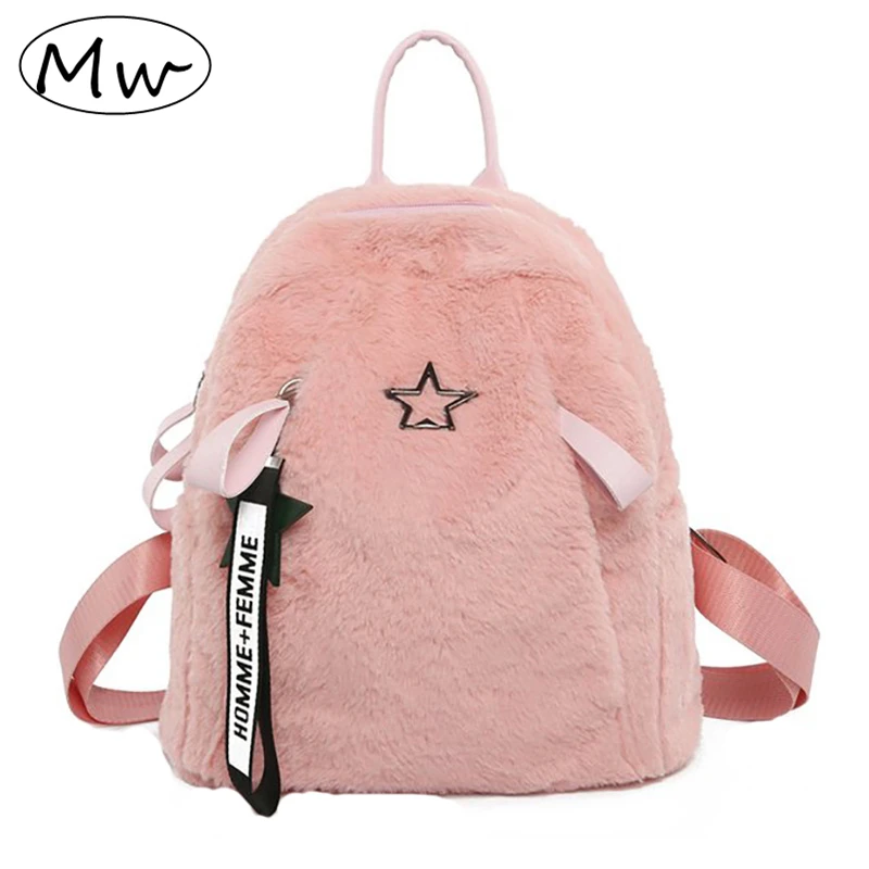 Pink Faux Fur Backpack With Letters Ribbons Anti theft School Bags For
