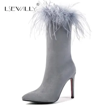 

Lsewilly Ultra High Heels Mid-Calf Boots for Women Black Gray Thin Heels Autumn Winter Feather Half Boots Botas Size 33-43 S921