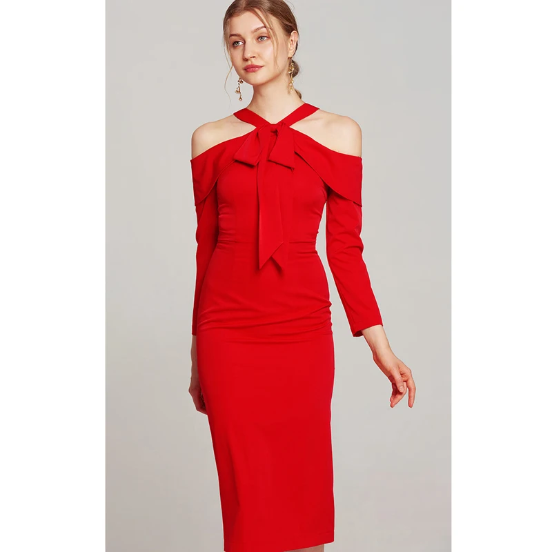 red dress 2018 women's fashion tie bow halter neck cold shoulder long sleeve midi bodycon dress vestido sexy tight dress