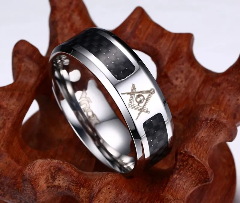 Meaeguet Black Men Rings Stainless Steel Masonic Rings Wholesale Punk Carbon Fiber Wedding Rings for Men Jewelry Free Shipping