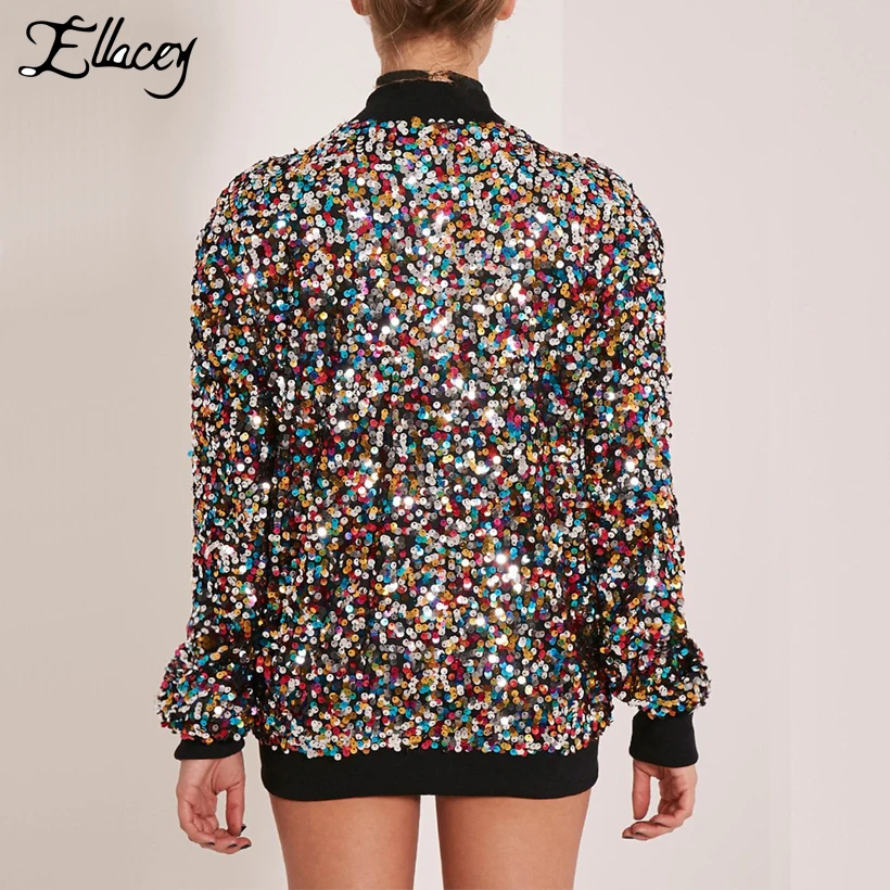 Brand New Stylish Sequins Bomber Jacket Multi-color Shiny Bling Bling Sequin Jacket Women Basic Coats Show Camo Jacket