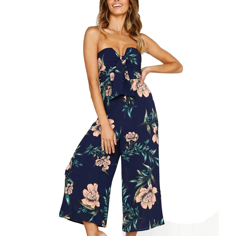 

Summer Beach Floral Jumpsuit Wide Leg Pants Vintage Bow Boho Rompers Evening Party Ladies Jumpsuits Overalls Womens Playsuits