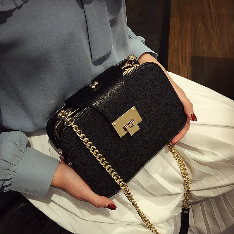 

Messenger Ladies Girls Crossbody Bag Chain Trendy Black Small Flap Shopping Handbag PU Leather Women Shoulder Bag Black Handbag