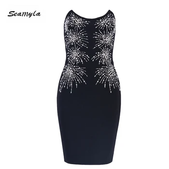 

Seamyla 2020 New Women Bandage Dress Vestidos Fashion Beaded Celebrity Party Dress Sexy Black Bodycon Night Out Club Dresses
