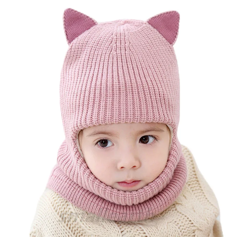 Милая шапка с кошачьими ушками для мальчиков и девочек, детская зимняя теплая вязаная шапка с толстым бархатом и воротником, Детская ветрозащитная шерстяная шапка, шарф - Цвет: pink
