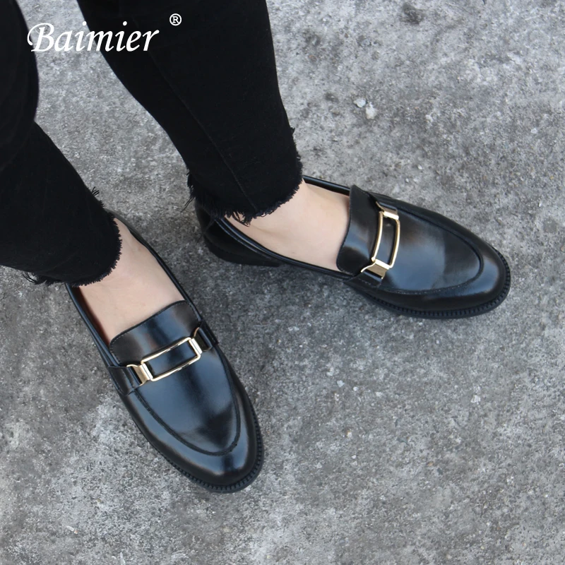 Baimier Black Retro Genuine Leather Oxford Shoes For Women Casual