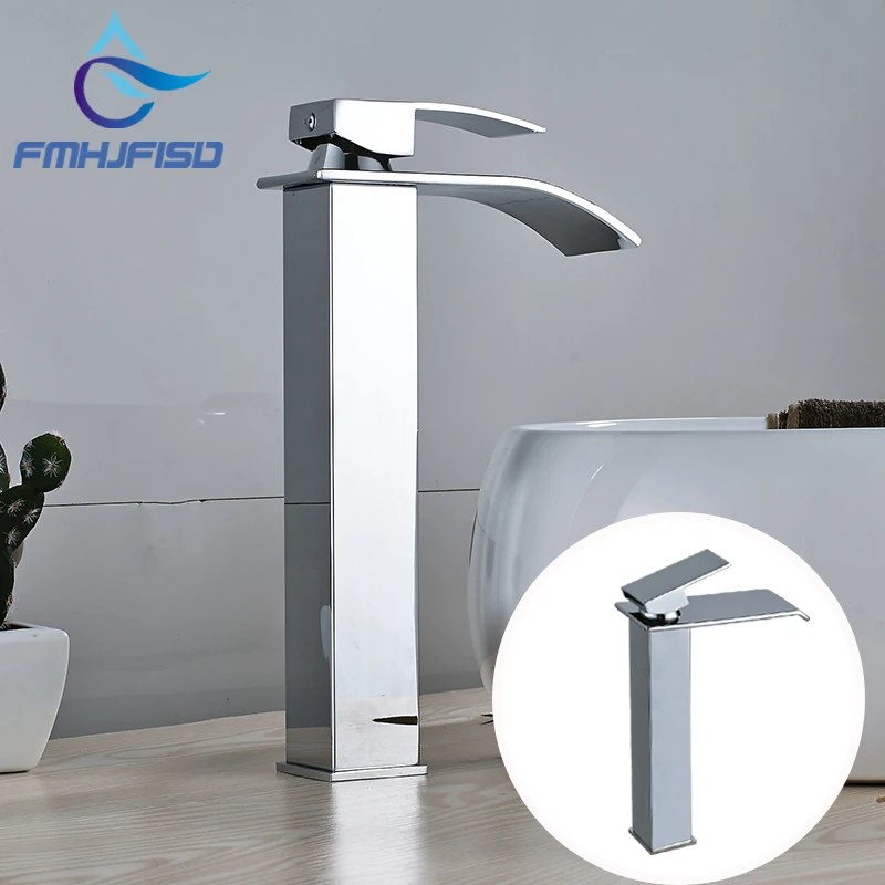 

Bathroom Basin Waterfall Faucet Chrome Finish with Dual Hole Hot and Cold Water Mixer Tap