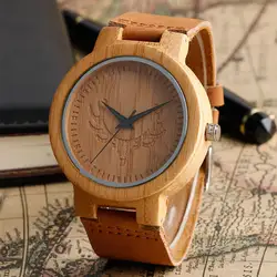 Голова оленя Творческий Древесины Бамбука Часы мужские Элитный бренд часы кожаный ремешок деревянный бамбука Наручные часы