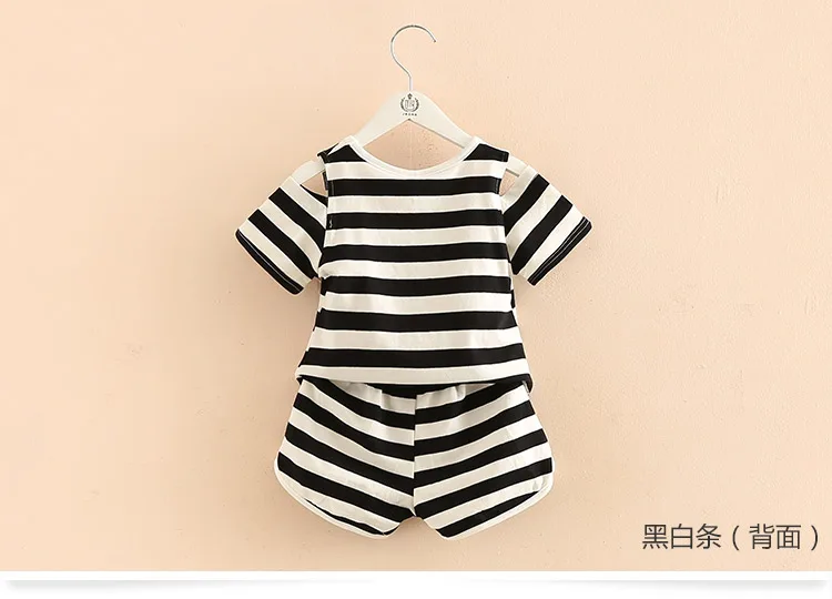 Girls Clothing Set 2018 Summer 2-10 Years Old Kids Girl Star Strip Print Wrap Shoulder T Shirt+Shorts Sports 2 Pcs Tracksuit Set (11)