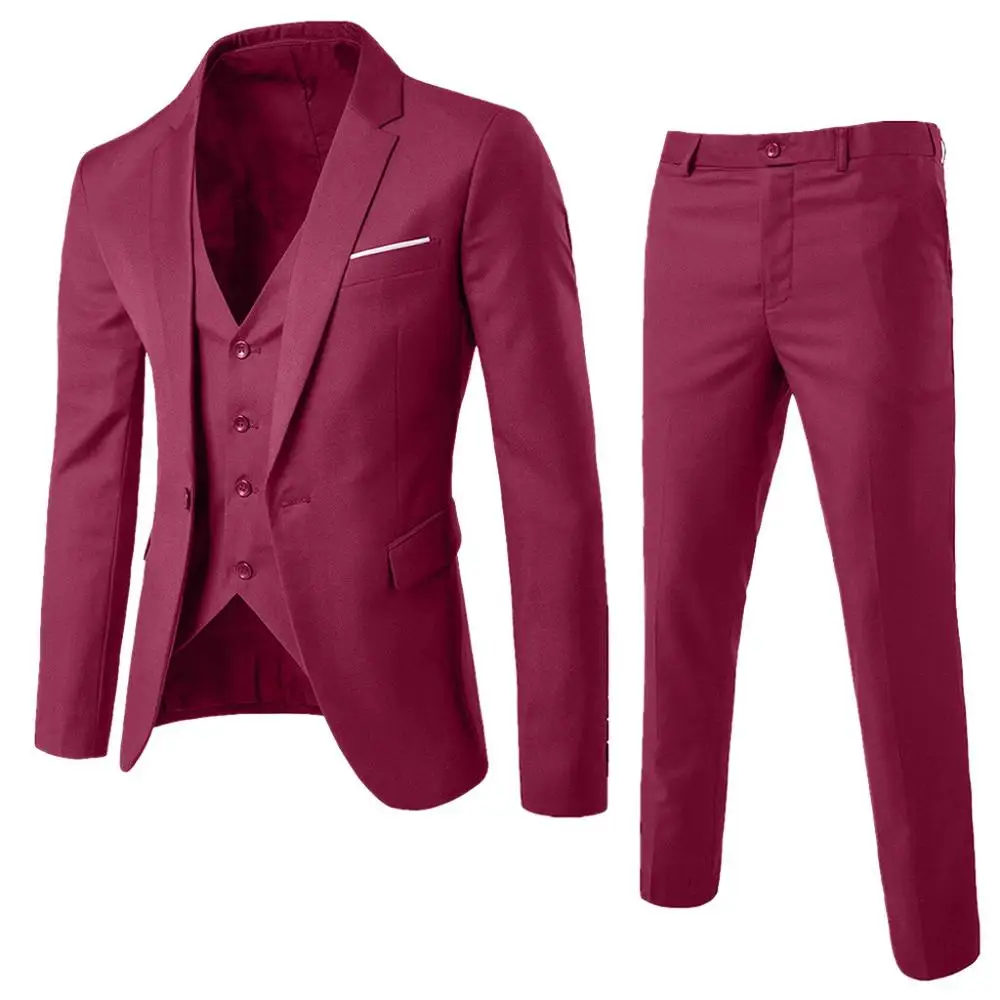 3 предмета, Мужской Блейзер, костюм для свадьбы, приталенный(пиджак+ офис, вечерние костюмы для жениха, корейский мужской костюм с брюками, жилет, 3XL - Цвет: Бургундия