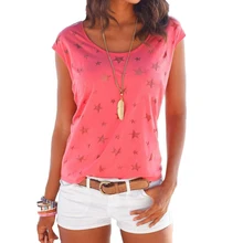 Повседневная футболка с круглым вырезом и коротким рукавом, женская летняя футболка, Элегантная футболка со звездами, топы WDC2284