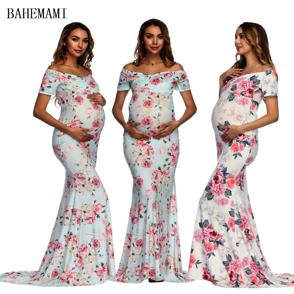 

Printing Pregnant Woman Photograph V Lead Short Sleeve Portrait Nostalgia Longuette vestidos maternity dresses for photo shoot