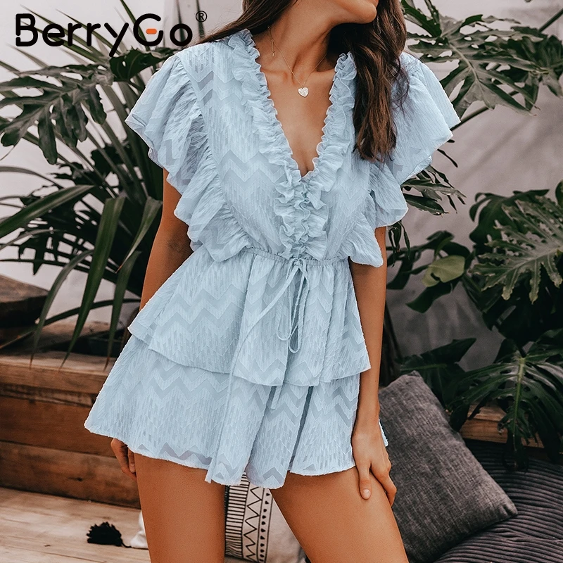 BerryGo повседневный элегантный летний синий комбинезон с рюшами женский
