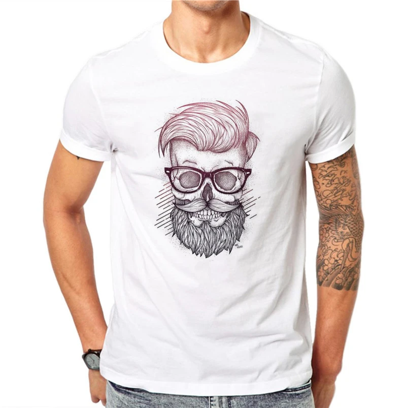 Хлопок борода череп мужская мода o-образным вырезом персонализированные 3D печать Дизайн белая футболка хип хоп плюс размер 4XL короткий рукав