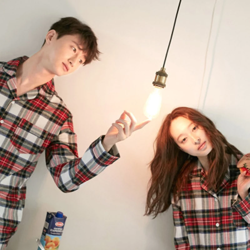 

Scottish style sand cotton men and women couple pajamas men spring and autumn new long-sleeved men's home service suit