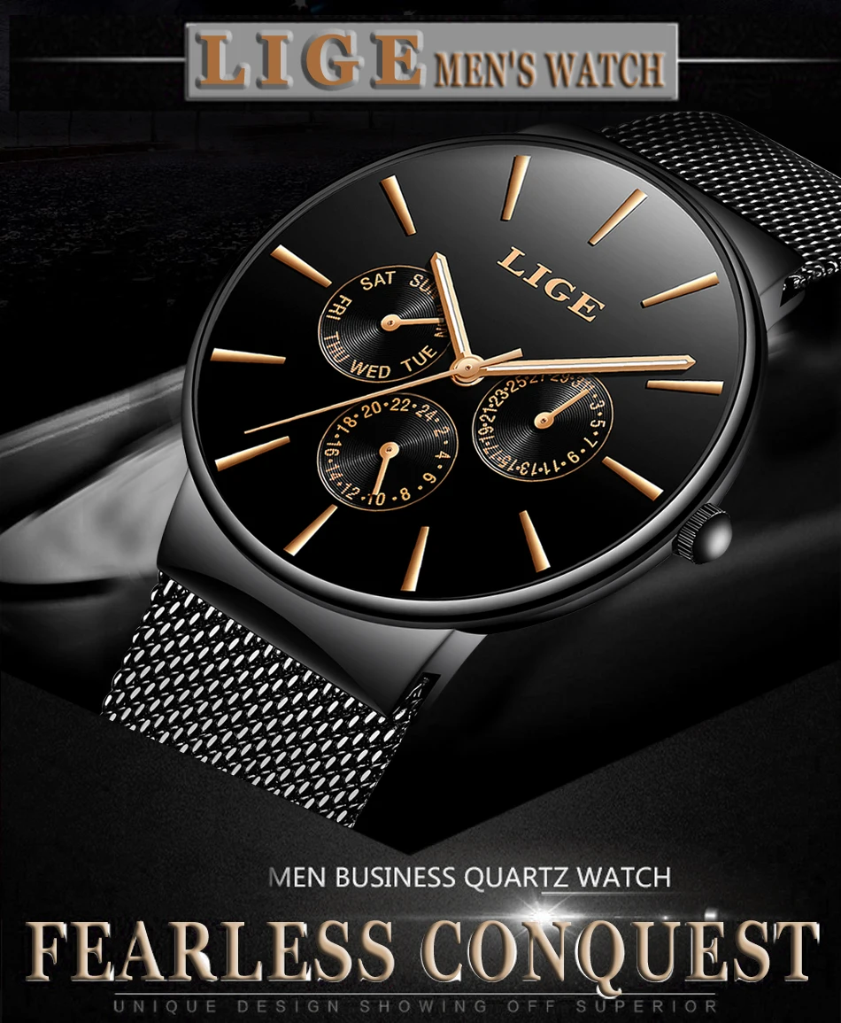 Мужские часы LIGE от ведущего бренда, Роскошные водонепроницаемые ультратонкие часы с датой, мужские часы со стальным ремешком, повседневные кварцевые часы, мужские спортивные наручные часы