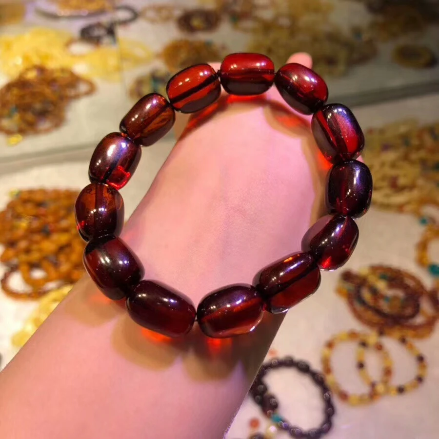 Genuine Natural Blood Red Amber Gemstone Crystal Barrel Beads Fine Jewelry Women Lady Stretch Bracelet 17x12mm AAAAA (1)